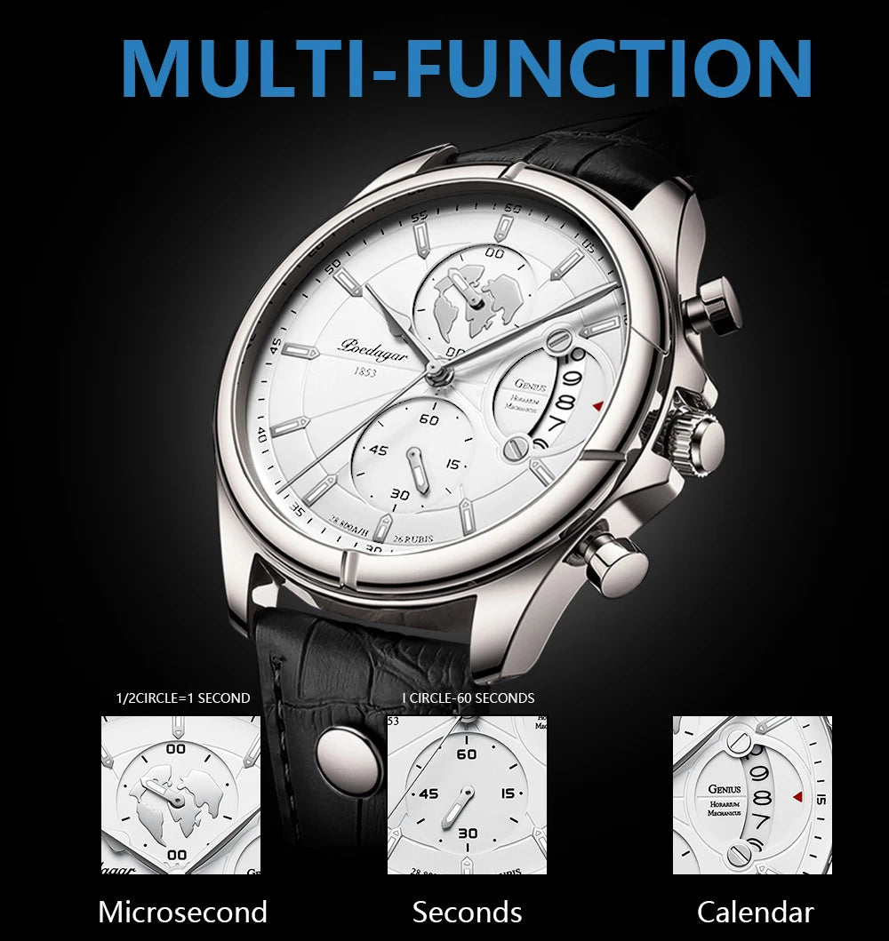 POEDAGAR Luxury Chronograph Watch for Men - Waterproof, Leather Strap, Date