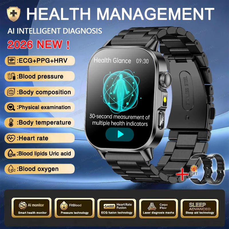 Vabena Men's ECG Smartwatch: Accurate Health Diagnosis with Blood Pressure, Oxygen, Fat, Uric Acid & Temp Monitoring