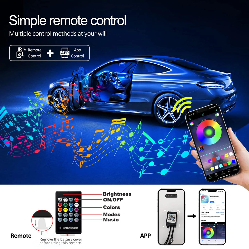 LED Car Interior Ambient Lighting Kit - RGB App Control Fiber Optic Strips