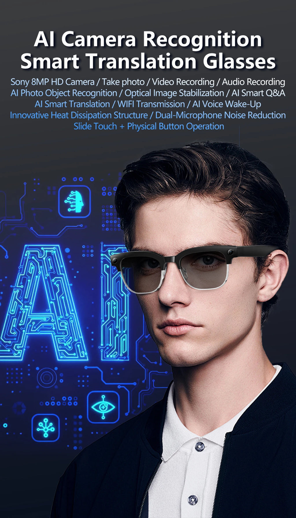 Vabena 2026 Smart Camera Glasses for Men - 800W, AI, Video & Translation