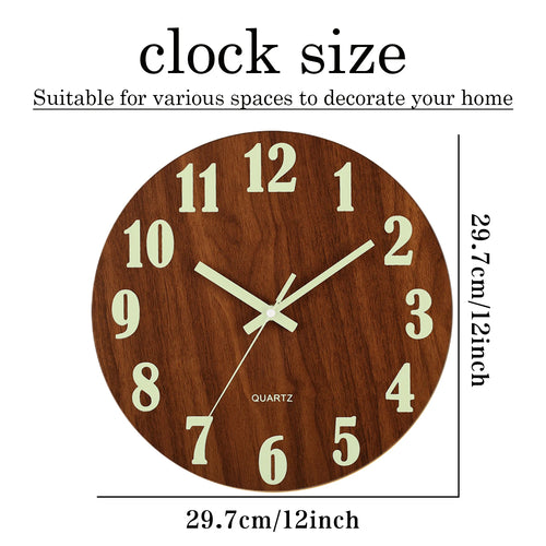 12-inch Luminous Silent Wood Wall Clock - Nordic Night Light Decor