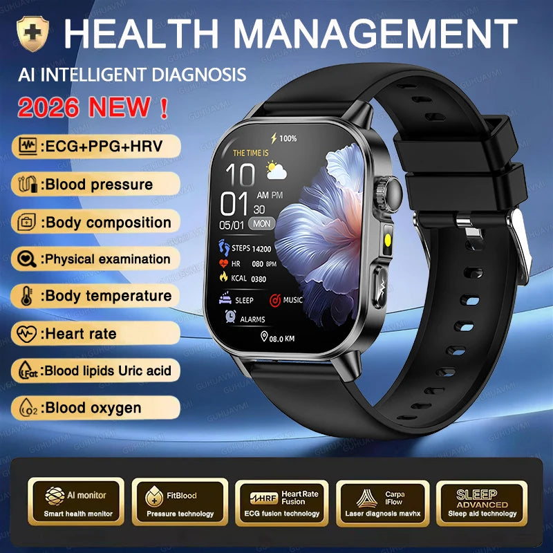 Vabena Men's ECG Smartwatch: Accurate Health Diagnosis with Blood Pressure, Oxygen, Fat, Uric Acid & Temp Monitoring