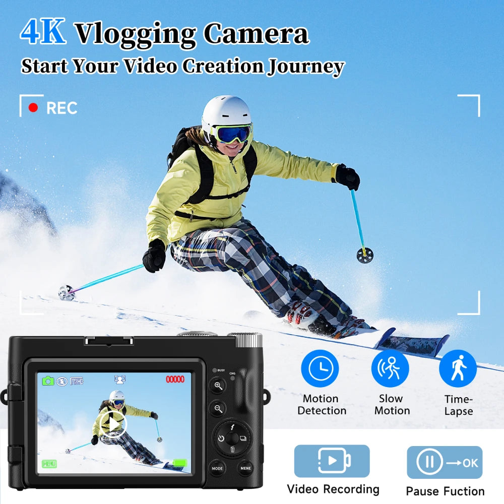 Vabena 4K 48MP Vlogging Camera | Flip Screen & Flash for YouTube & TikTok