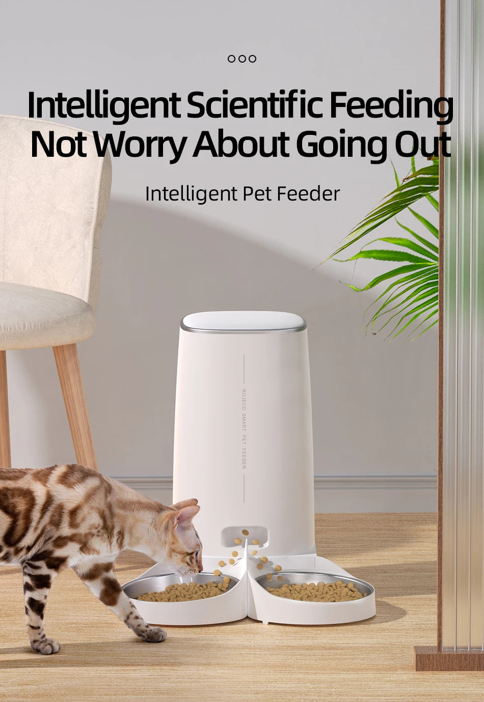 ROJECO Smart WiFi Double Automatic Pet Feeder | Remote Control Kibble Dispenser