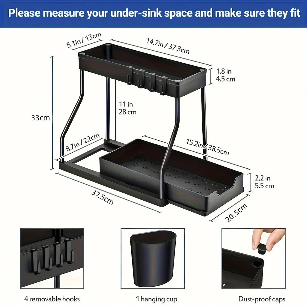 Vabena 2-Tier Under Sink Pull-Out Organizer - Space Saving Storage for Kitchen & Bath