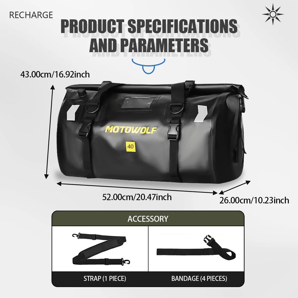 Waterproof Motorcycle Tail Bag | Dry Roll Luggage | 20L, 40L, 66L