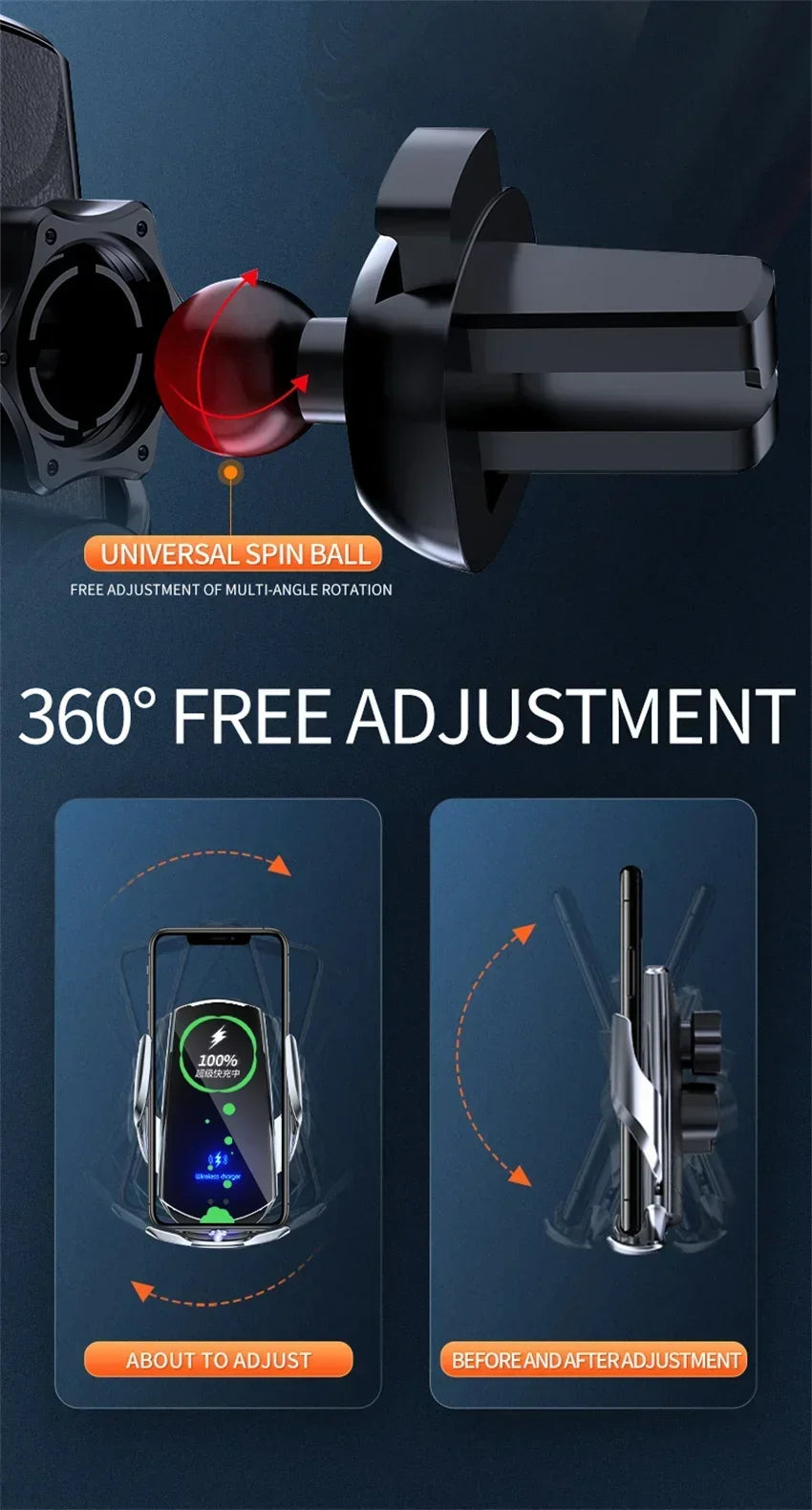 VIKEFON 15W Magnetic Wireless Car Charger & Auto Phone Mount - Fast Charging