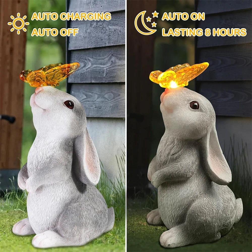 Solar Bunny Garden Statue with LED Butterfly Light - Outdoor Resin Decor