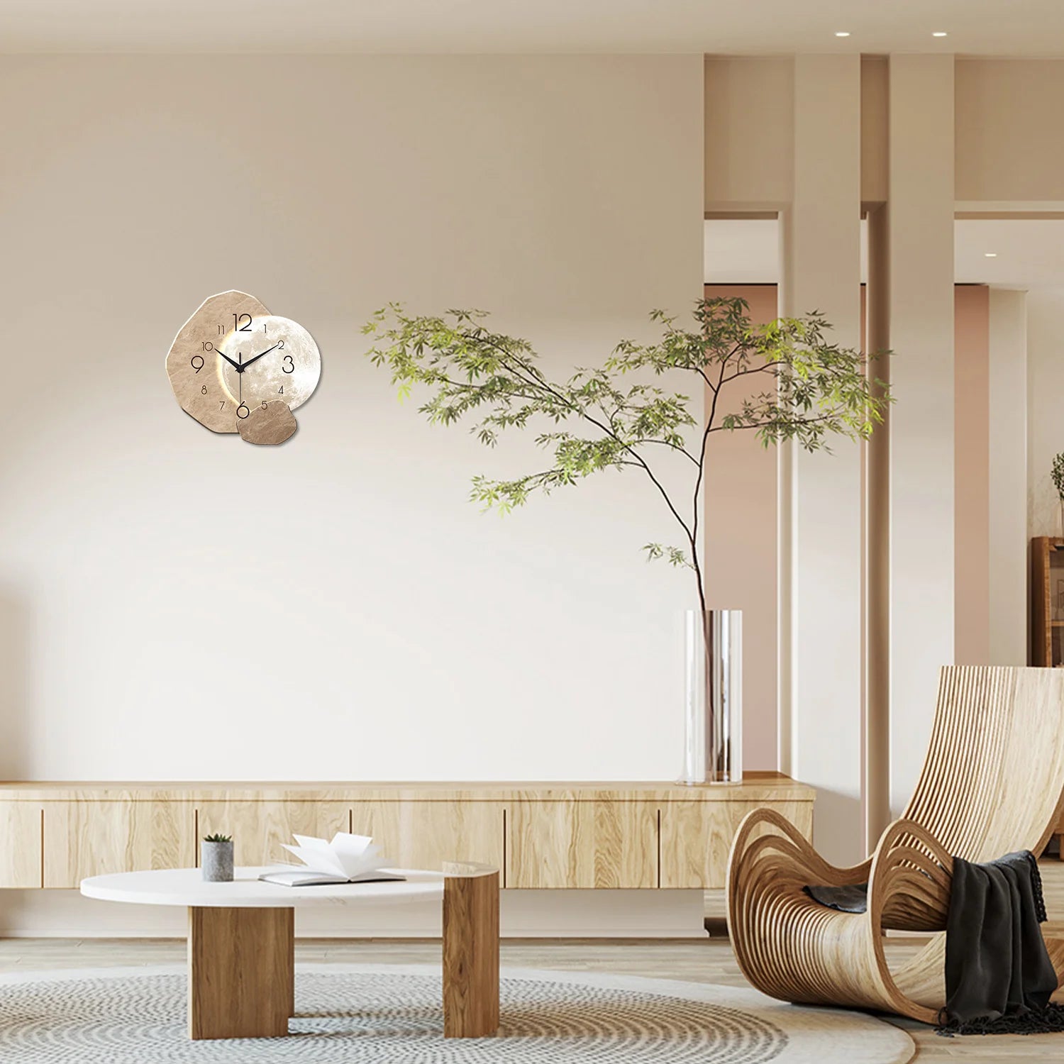 Modern Silent Moon Wall Clock - Quartz Wood Decor
