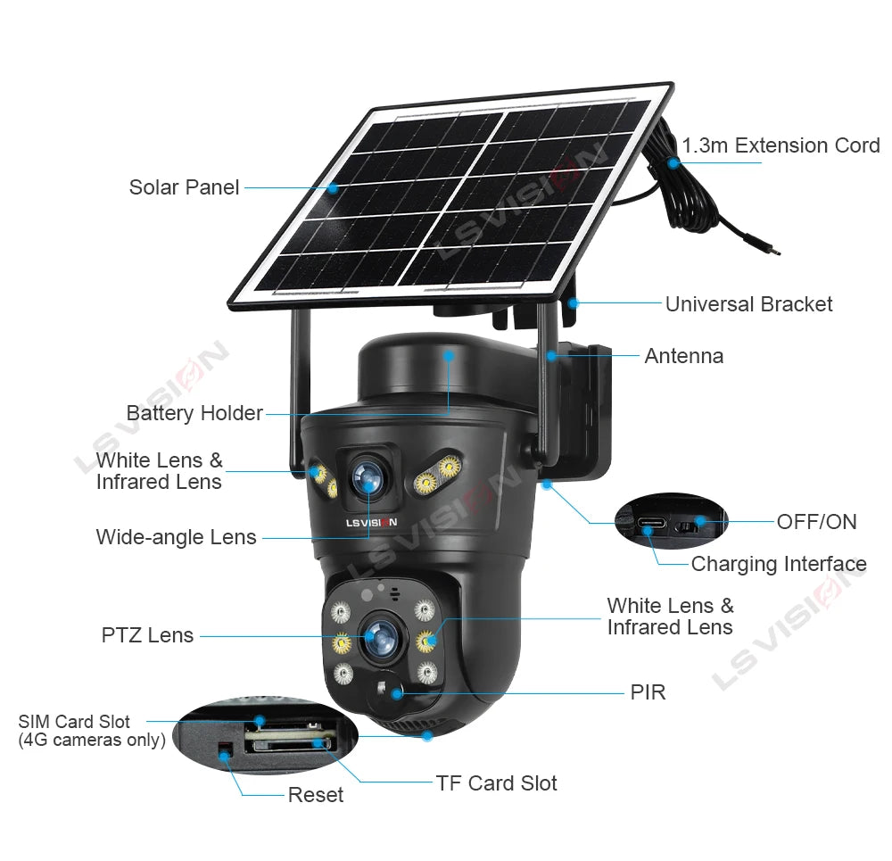 LS VISION 4G/WiFi Outdoor Solar Camera 8MP Dual Lens PIR SIM Night Vision Waterproof CCTV