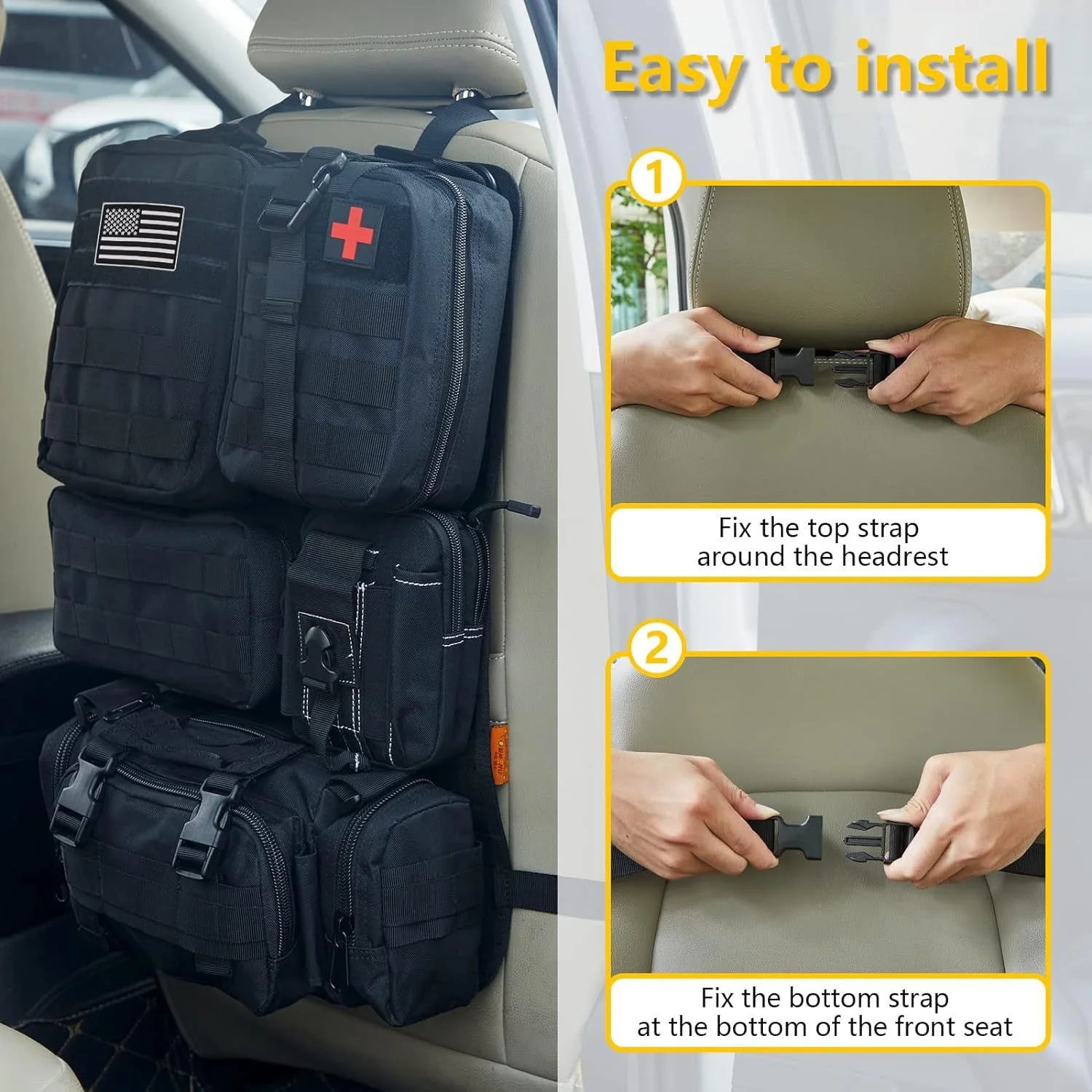 Tactical Car Seat Organizer - Universal Molle Panel with 5 Detachable Pouches