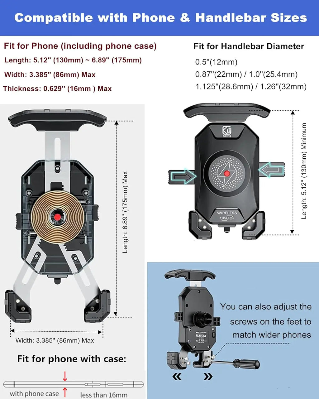 Motorcycle Phone Holder with Fast Wireless & USB Charging | Handlebar & Mirror Mount