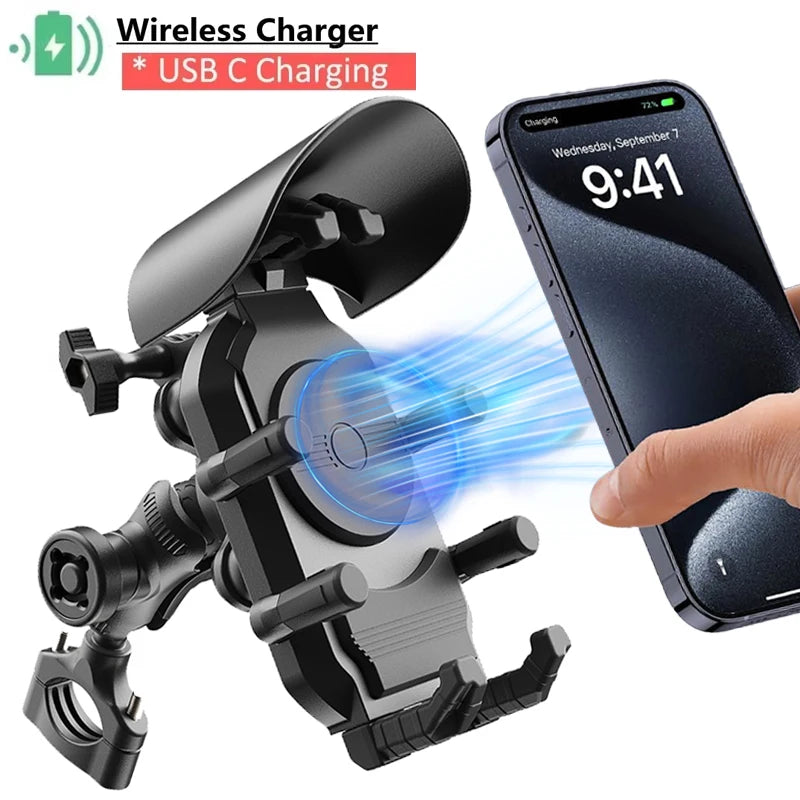 Motorcycle Phone Holder & Fast Charger - Wireless, USB, Type C | Shockproof Bike Mount