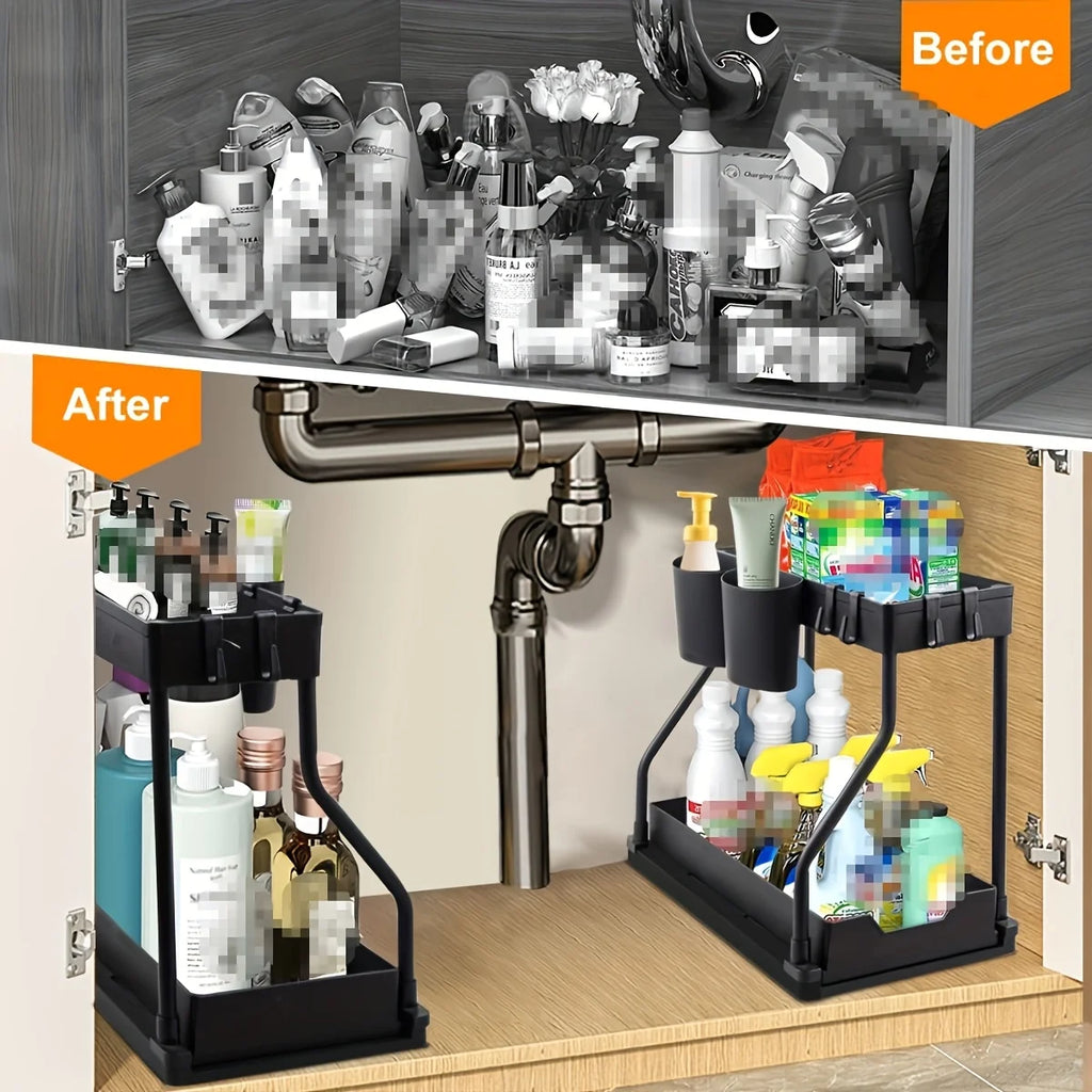 Vabena 2-Tier Under Sink Pull-Out Organizer - Space Saving Storage for Kitchen & Bath