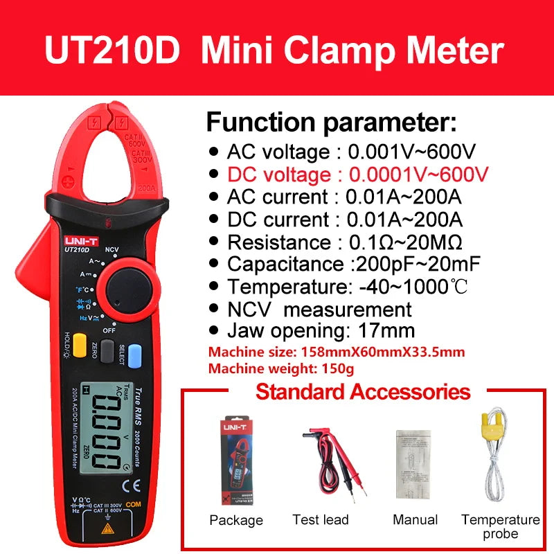UNI-T UT210E/UT210D Digital Clamp Meter | AC/DC Ammeter | True RMS Multimeter for Electricians & HVAC