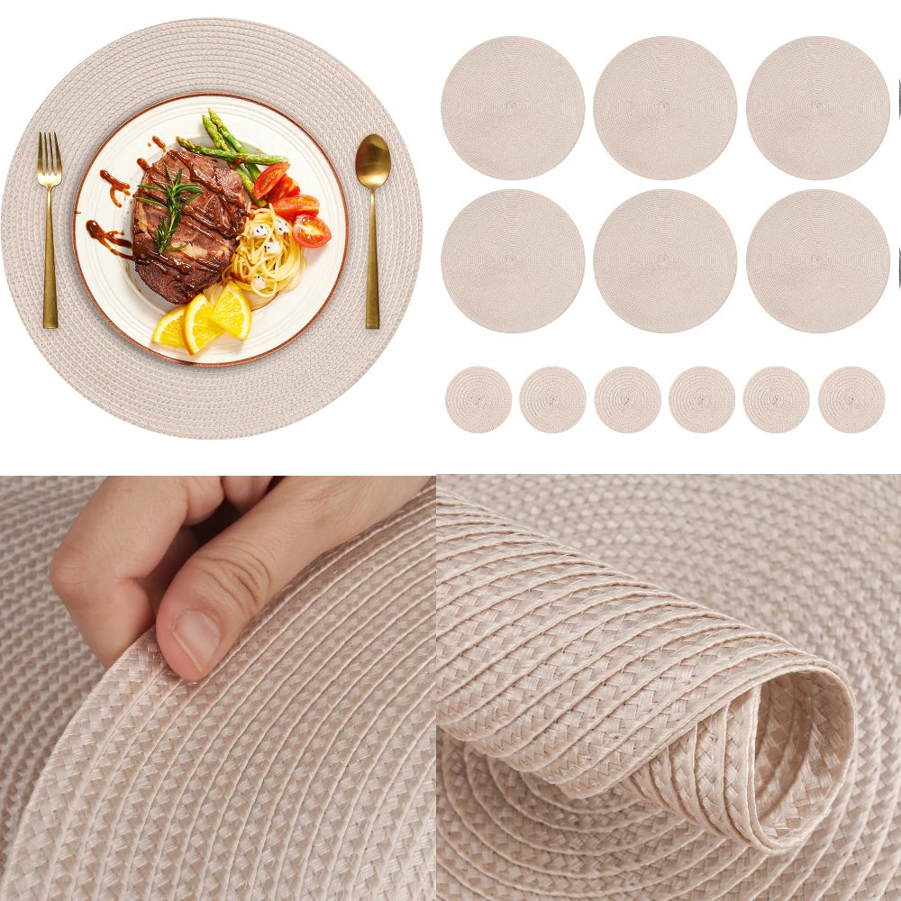 Elegant Round Braided Placemats - Set of 6 Table Mats & Coasters