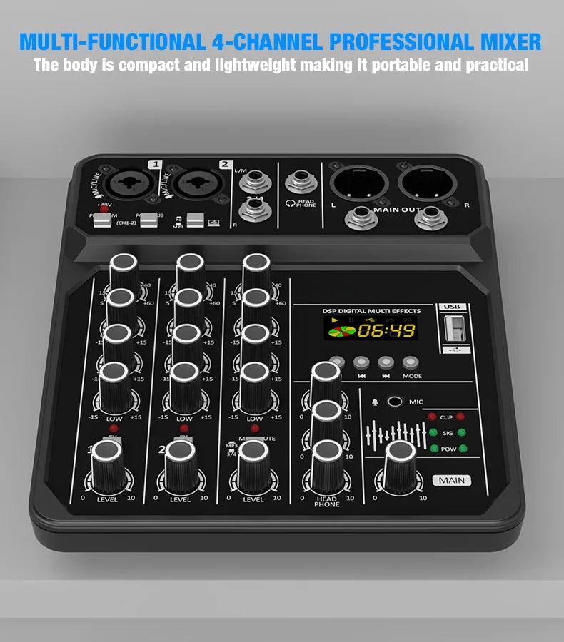 4-Channel Bluetooth Audio Mixer Console with 48V Phantom Power for USB Computer & Karaoke