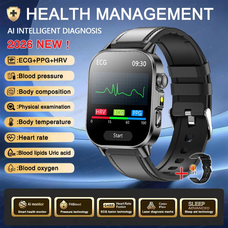 Vabena Men's ECG Smartwatch: Accurate Health Diagnosis with Blood Pressure, Oxygen, Fat, Uric Acid & Temp Monitoring