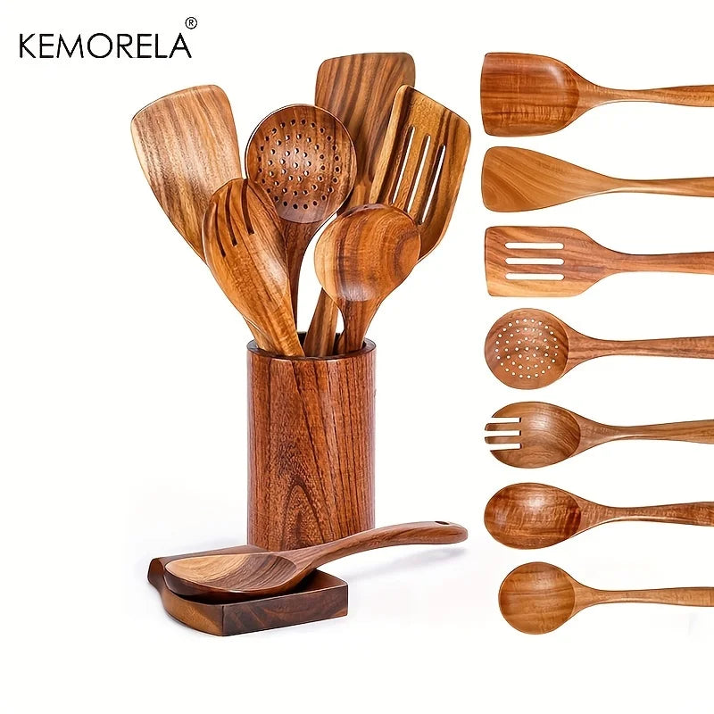9-Piece Teak Wooden Cooking Utensil Set with Holder