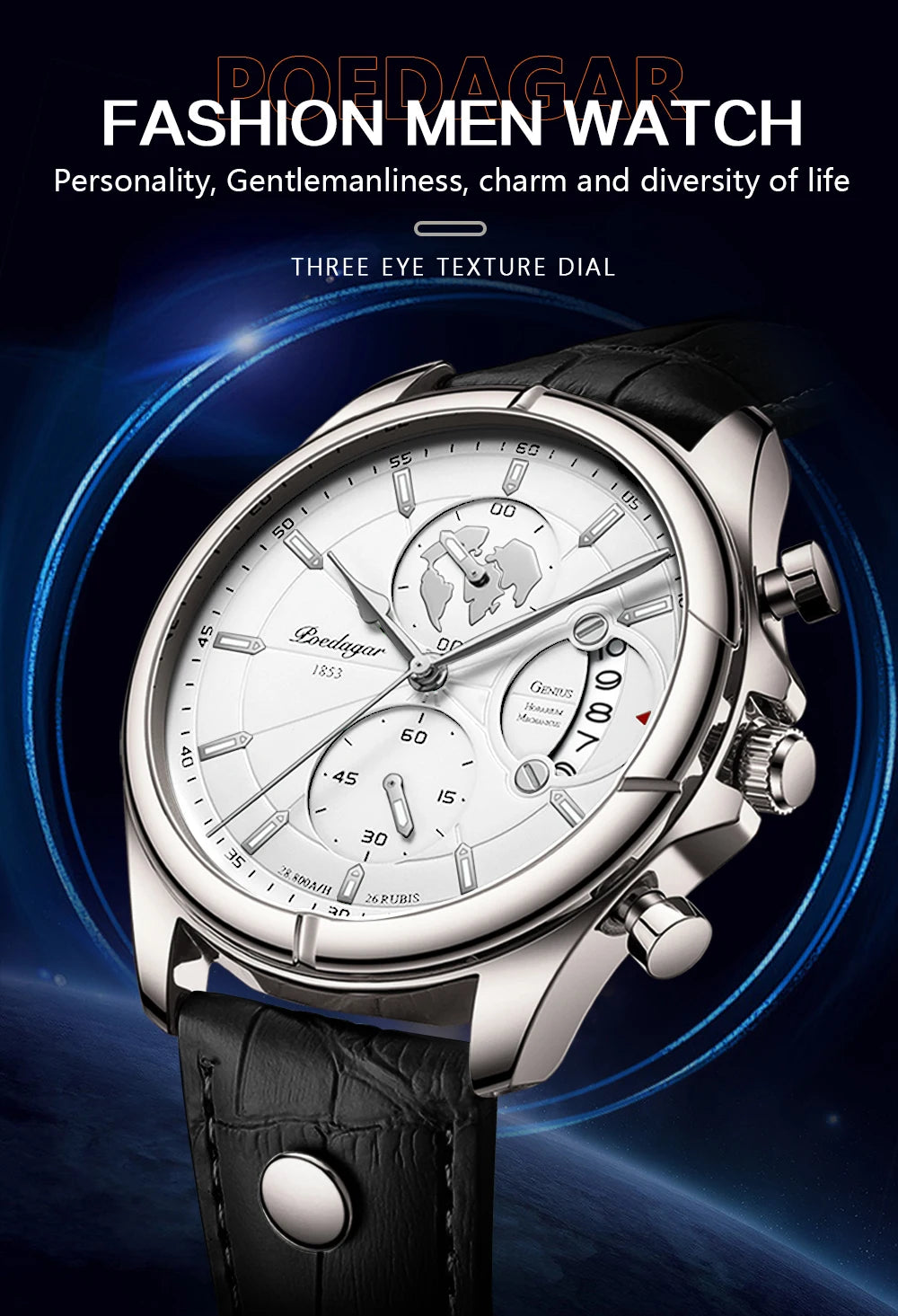 POEDAGAR Luxury Chronograph Watch for Men - Waterproof, Leather Strap, Date