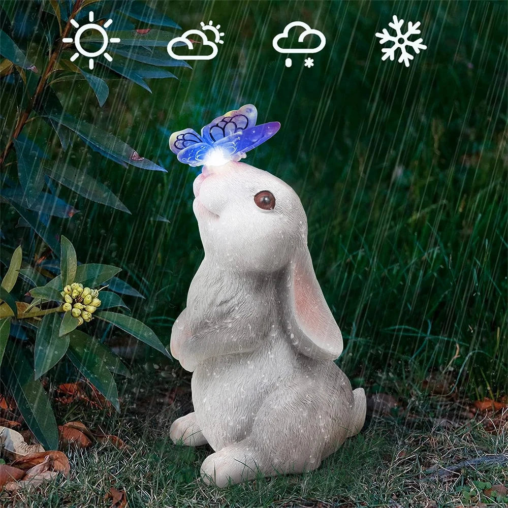 Solar Bunny Garden Statue with LED Butterfly Light - Outdoor Resin Decor