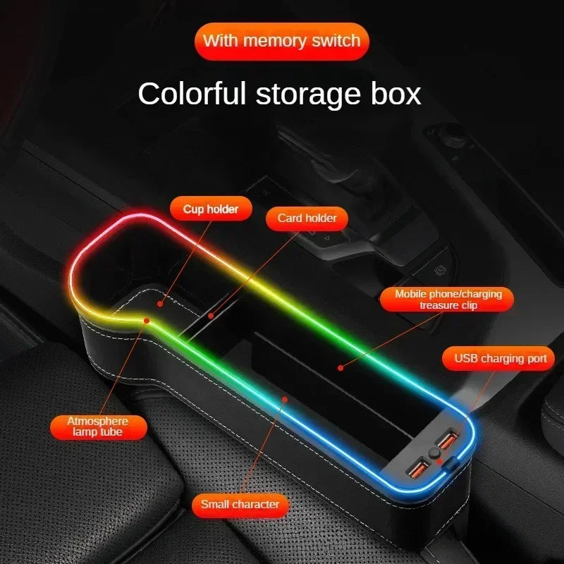 Car Seat Gap Organizer with Dual USB Charger & LED – Phone, Card, Cup Holder