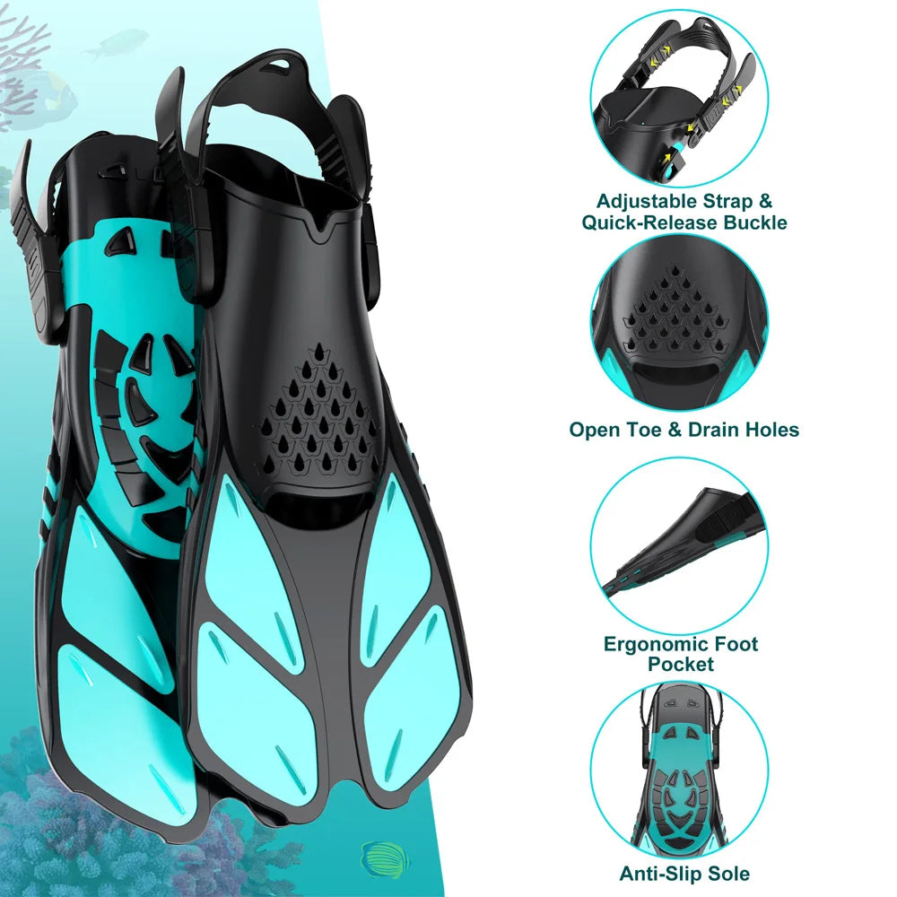 Snorkel Fins Adjustable Open Heel Travel Size Silicone Flippers