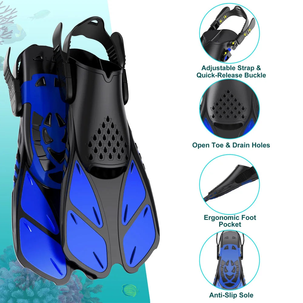 Snorkel Fins Adjustable Open Heel Travel Size Silicone Flippers