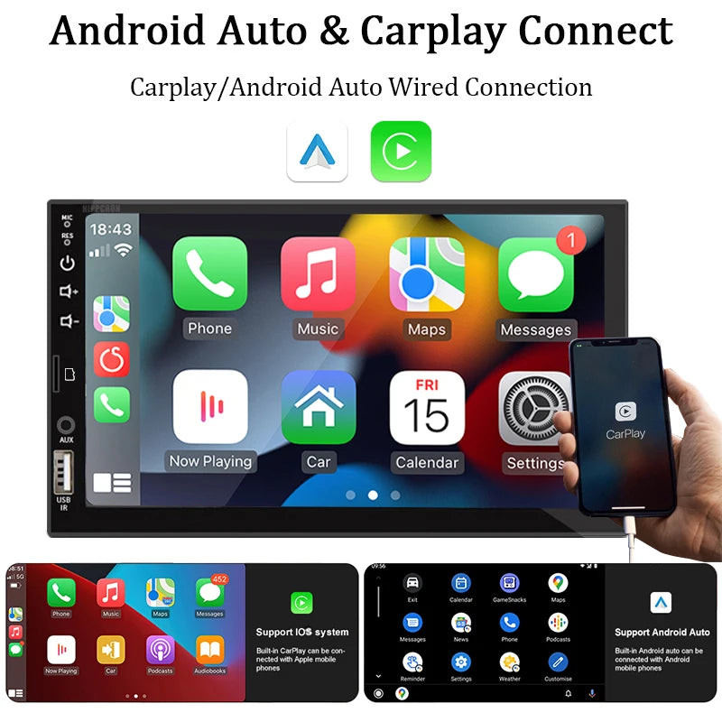 Hippcron 7" 1 Din Car Radio - CarPlay Android Auto Multimedia Player
