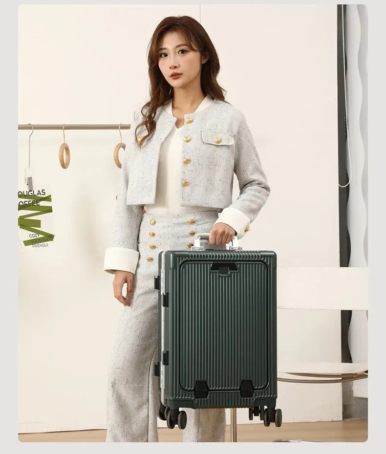 Vabena Front Opening USB Charging Aluminum Carry-on Suitcase