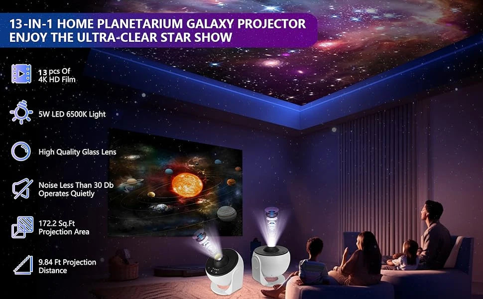 HD Galaxy Star Projector Night Light for Kids & Adults - 13 Films, 360° Rotation