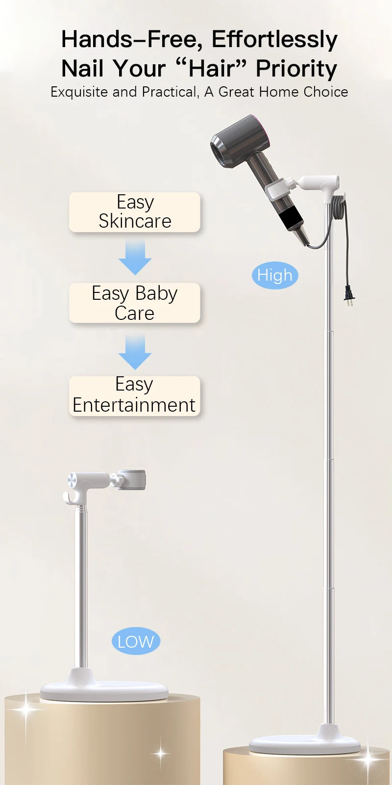 Floor-Standing Hair Dryer Stand - Adjustable, Hands-Free Convenience for Bathrooms