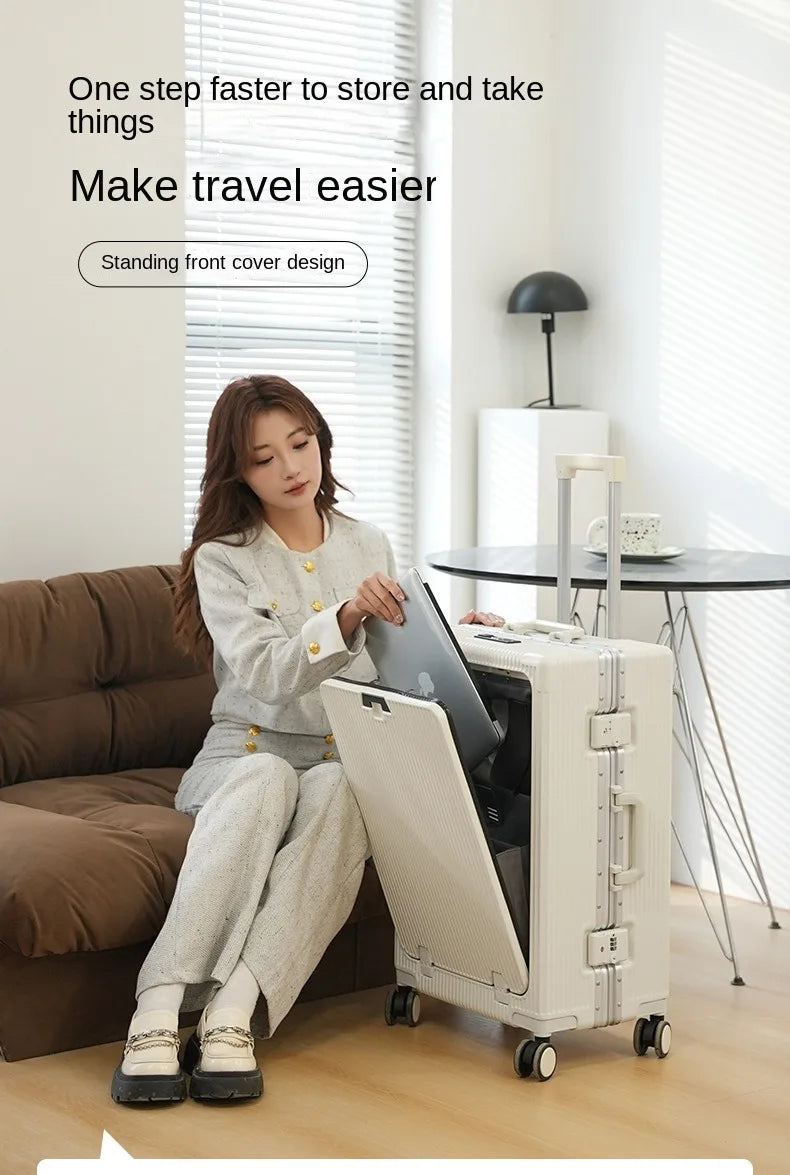 Vabena Front Opening USB Charging Aluminum Carry-on Suitcase
