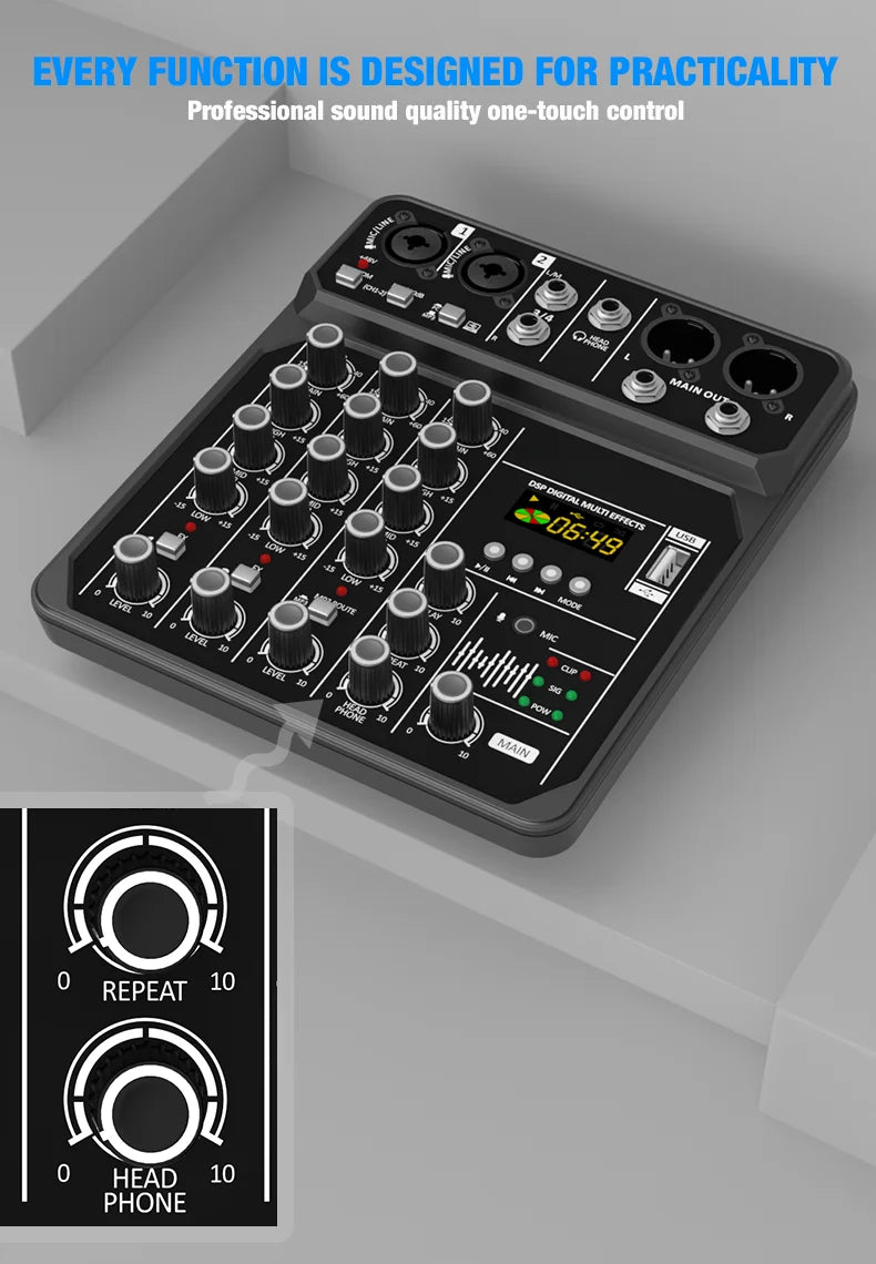 4-Channel Bluetooth Audio Mixer Console with 48V Phantom Power for USB Computer & Karaoke