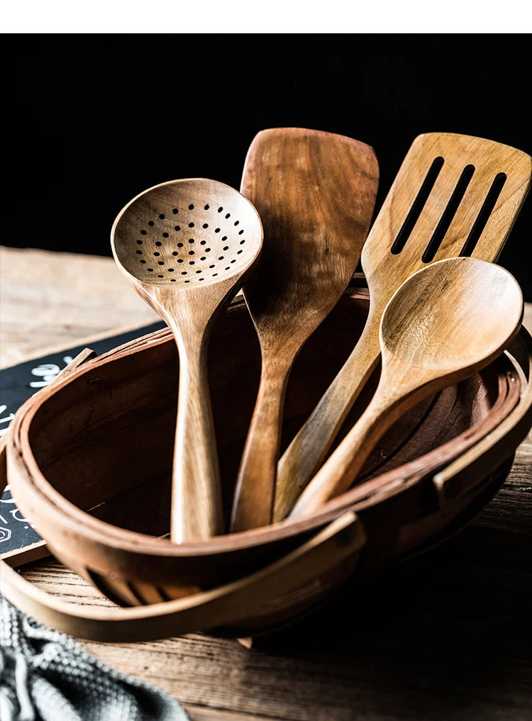 9-Piece Teak Wooden Cooking Utensil Set with Holder