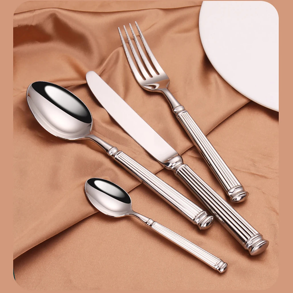 Elegant Striped Silver Cutlery Set - Premium Stainless Steel 304