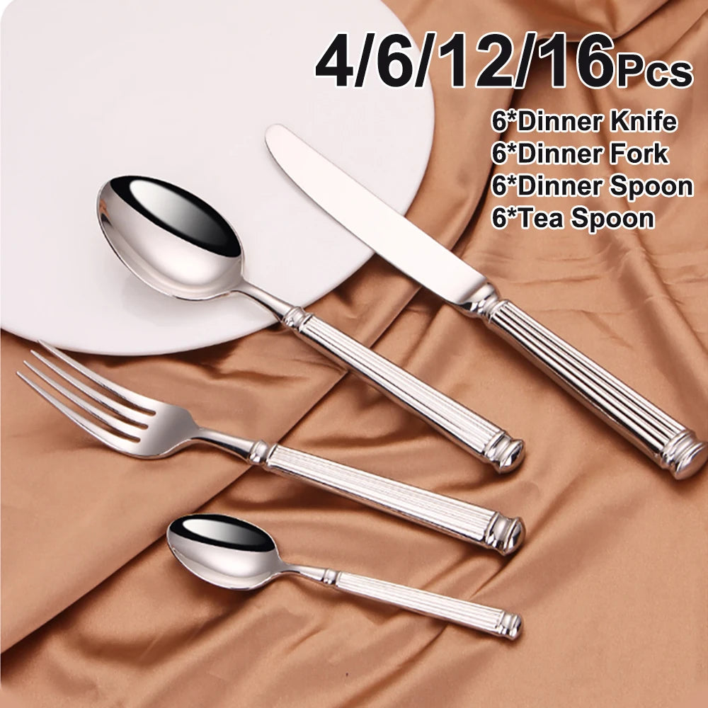 Elegant Silver Striped Cutlery Set - Premium 304 Stainless Steel Tableware
