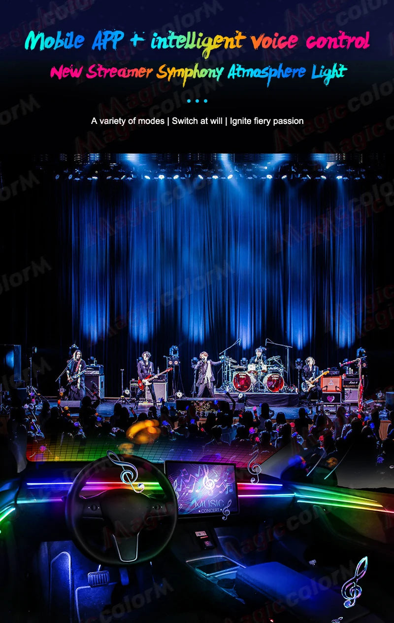 18-in-1 LED Car Ambient Lights Kit - 64 Color RGB Symphony Streamer Interior Bluetooth Strips