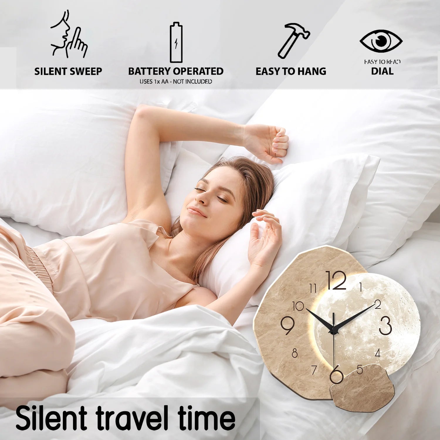 Modern Silent Moon Wall Clock - Quartz Wood Decor