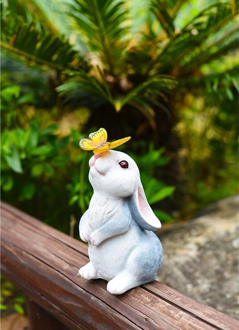 Solar Bunny Garden Statue with LED Butterfly Light - Outdoor Resin Decor