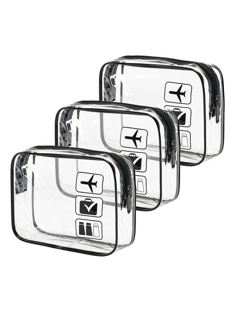 Vabena 3 Pcs Clear Travel Toiletry Bags - Airport Compliant Cosmetic Pouches