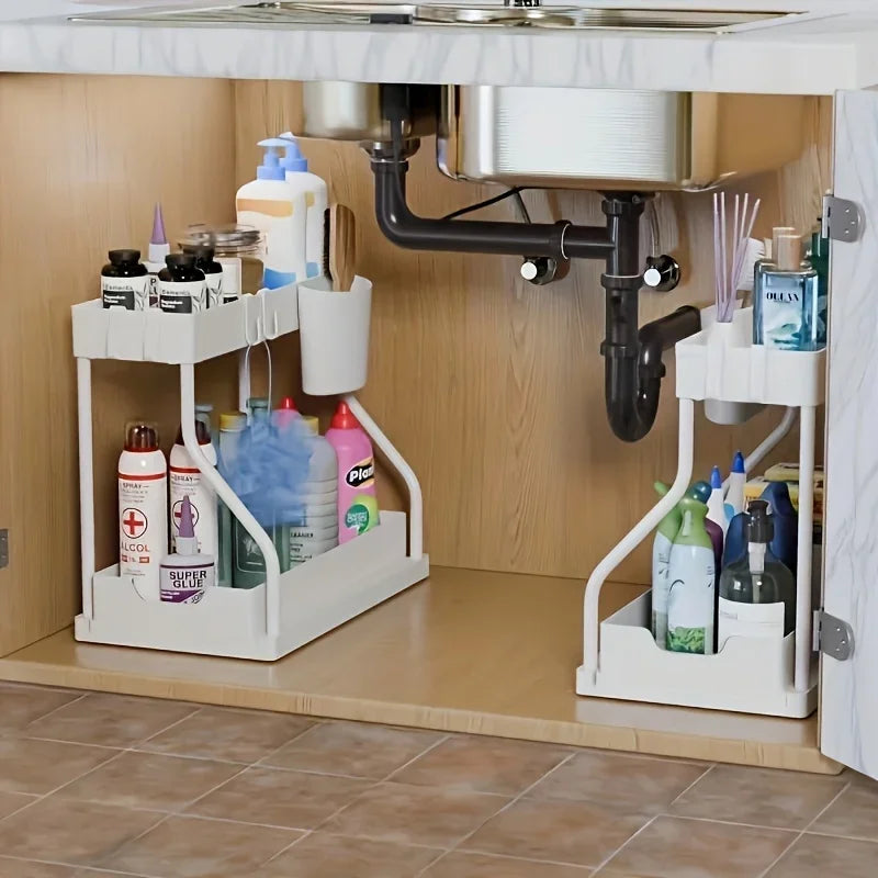 Vabena 2-Tier Under Sink Pull-Out Organizer - Space Saving Storage for Kitchen & Bath