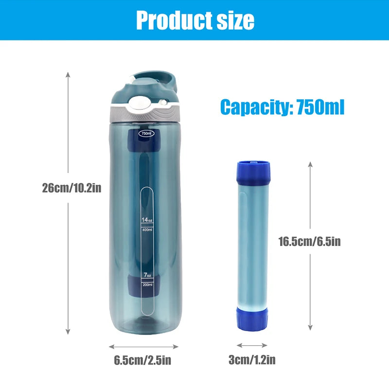 Vabena 750ML Outdoor Water Filter Survival Bottle | Emergency Purification Straw