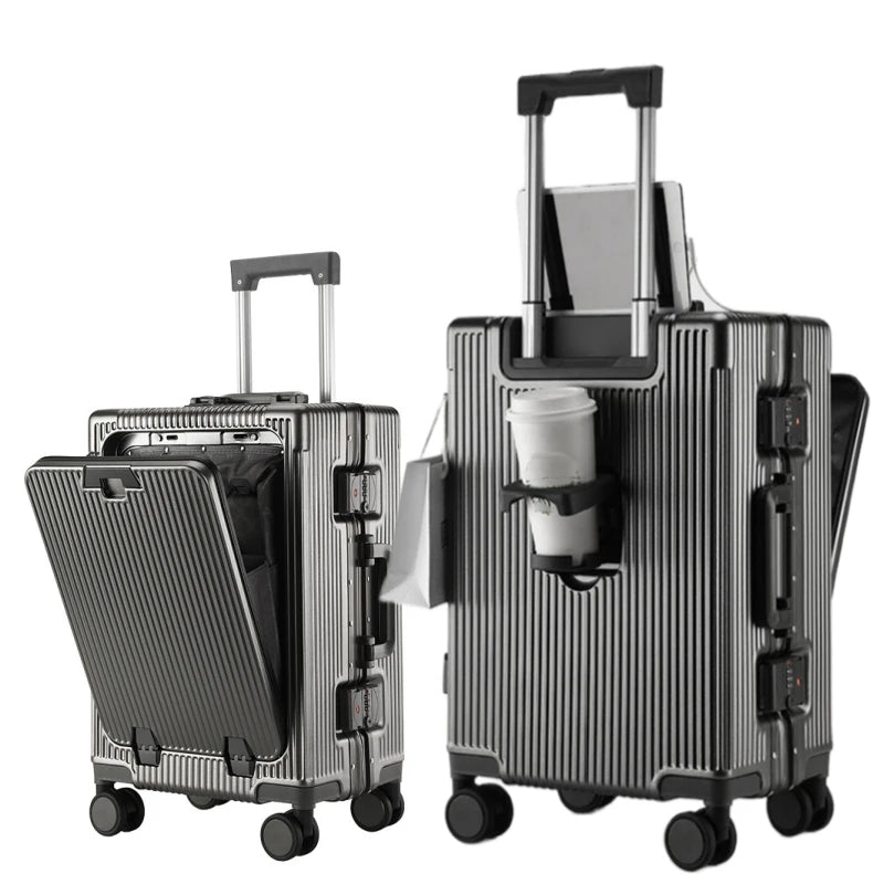 Vabena Front Opening USB Charging Aluminum Carry-on Suitcase