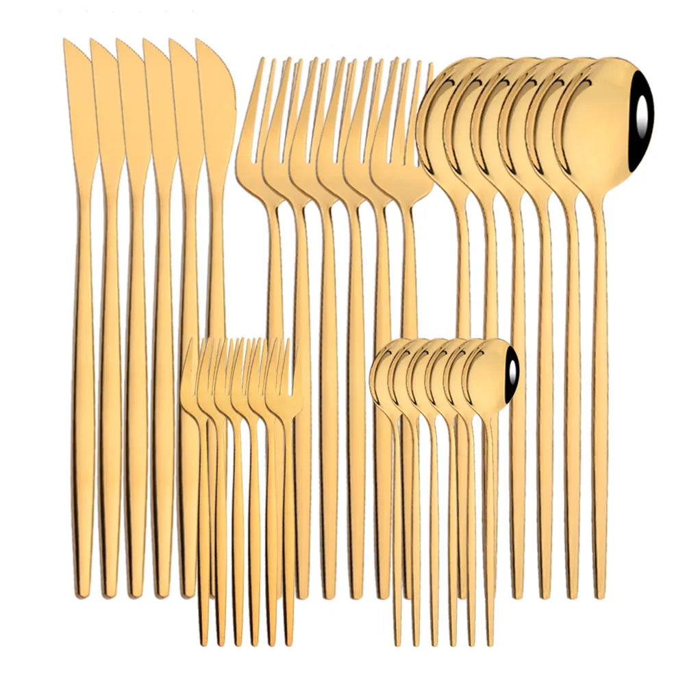 30-Piece Black Gold Stainless Steel Dinnerware Set | Kitchen Cutlery