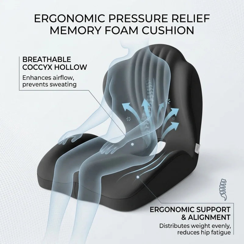 Ergonomic Memory Foam Seat Cushion with Lumbar Support for Office, Car & Home Back Pain Relief