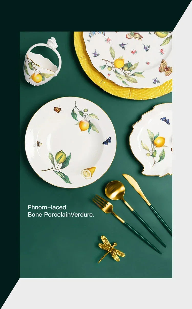 Elegant Lemon Ceramic Dining Set & Coffee Cups - Premium Dinnerware