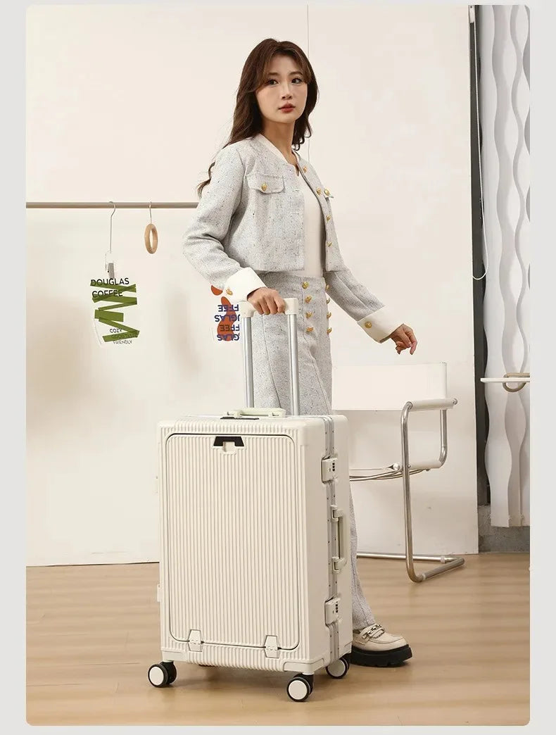 Vabena Front Opening USB Charging Aluminum Carry-on Suitcase