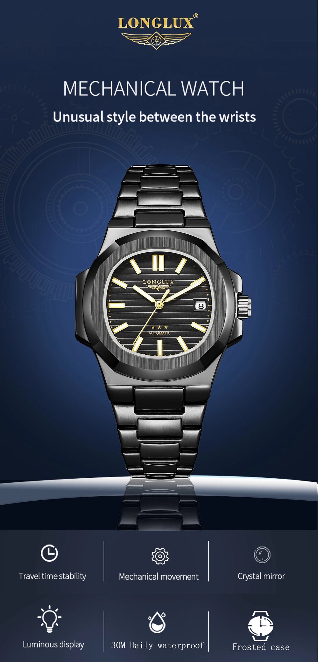Vabena Men's Automatic Luxury Business Watch - Stainless Steel & Luminous