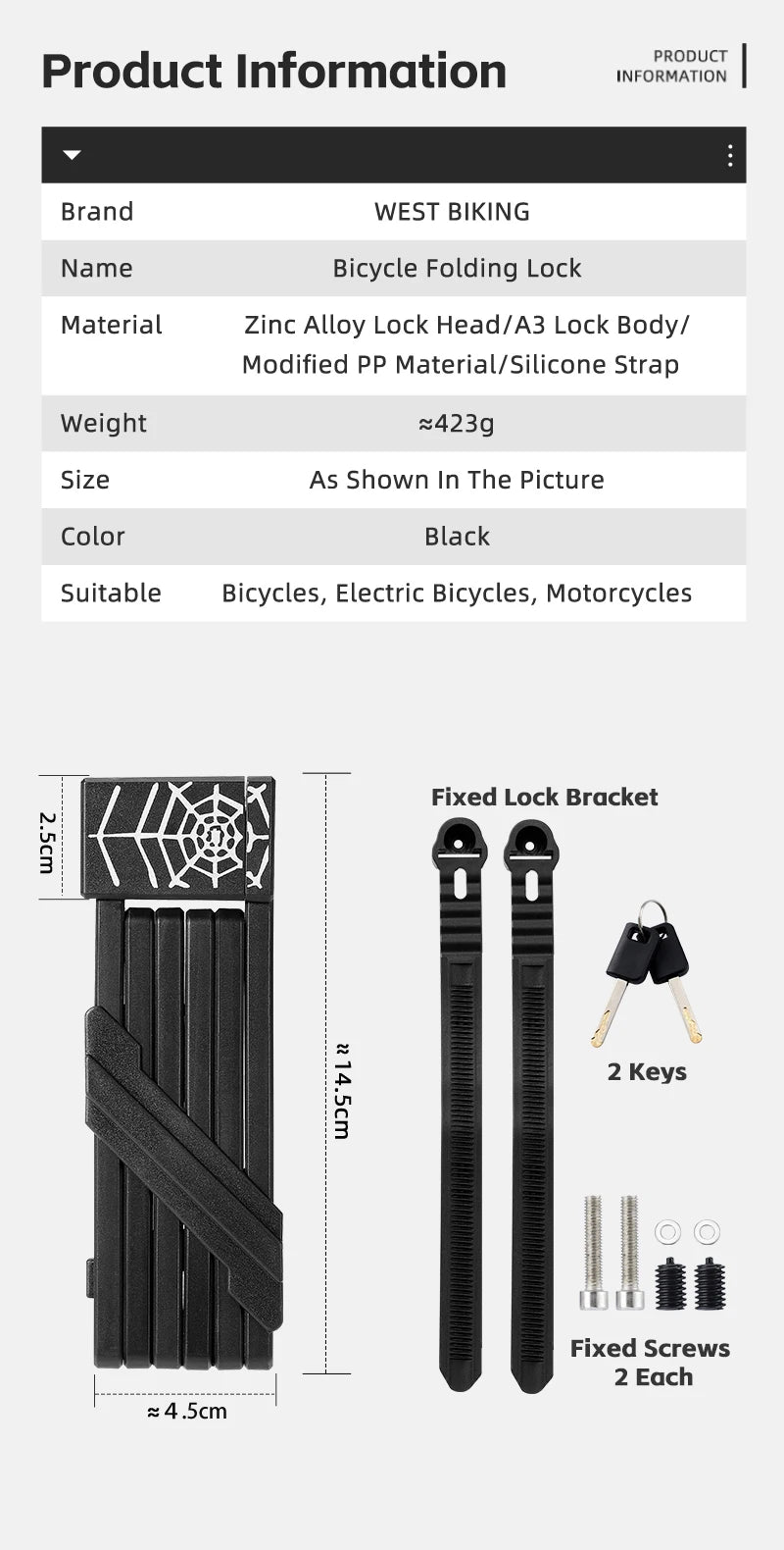 WEST BIKING Foldable Bike & Motorcycle Lock - Key & Password Security